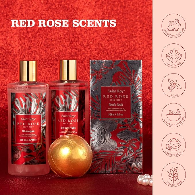 Mother gifts Spa Gift Set For Women, Birthday Gifts for Her, Spa Gift Basket for Women, Red Rose Bath and Body in Floral Scents Bath Kits, Home Spa Gift Basket, Bath Spa Kit for Mothers day Lotion