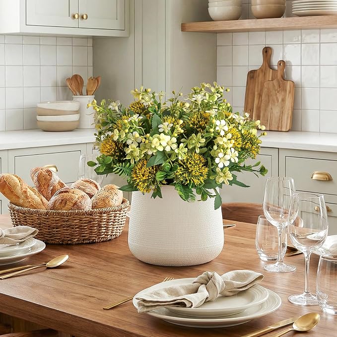 RM ROOMERS Artificial Flowers Plants for Outdoors, Fake Flowers for Garden | Yellow & White Floral Arrangement UV Resistant Faux Flower for Porch Windowbox Front Door Yard No Fade Home Decor (3 Bundles)