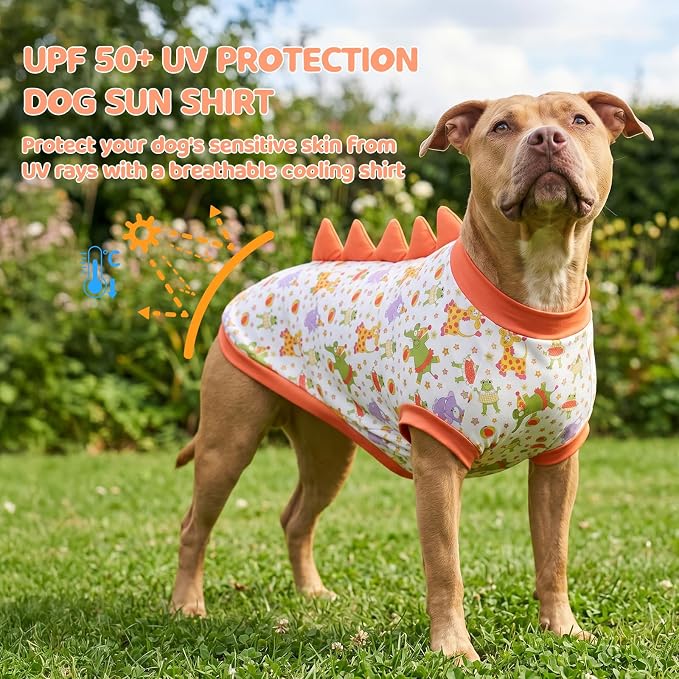 UPF 50+ Sun Protection Dog Shirt - Sleeveless Cooling Vest for Large Dogs Boy, Quick-Dry Pet T-Shirt with Funny Dinosaur Horns, UV Protective Breathable Dog Clothes U-COSBX06L
