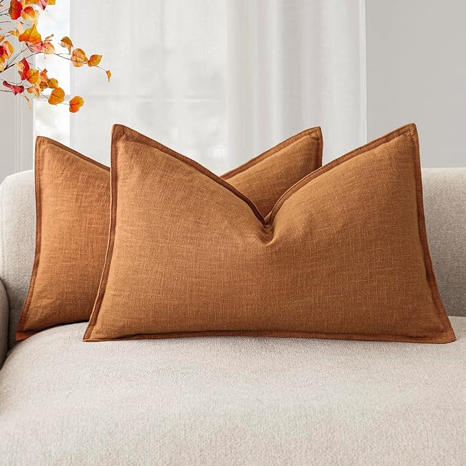 Foindtower Pack of 2, Decorative Linen Solid Throw Pillow Covers Soft Accent Lumbar Cushion Case Farmhouse Pillowcase for Chair Couch Sofa Bedroom Living Room Home Decor 12 x 20 Inch Autumn Orange