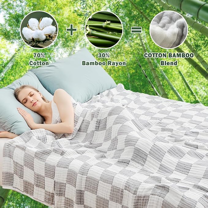 EMME Cooling Muslin Blanket for Adults - Checkered Lightweight Summer Cotton Throw Blankets of Rayon Derived from Bamboo for Hot Sleepers, Soft Breathable Gauze