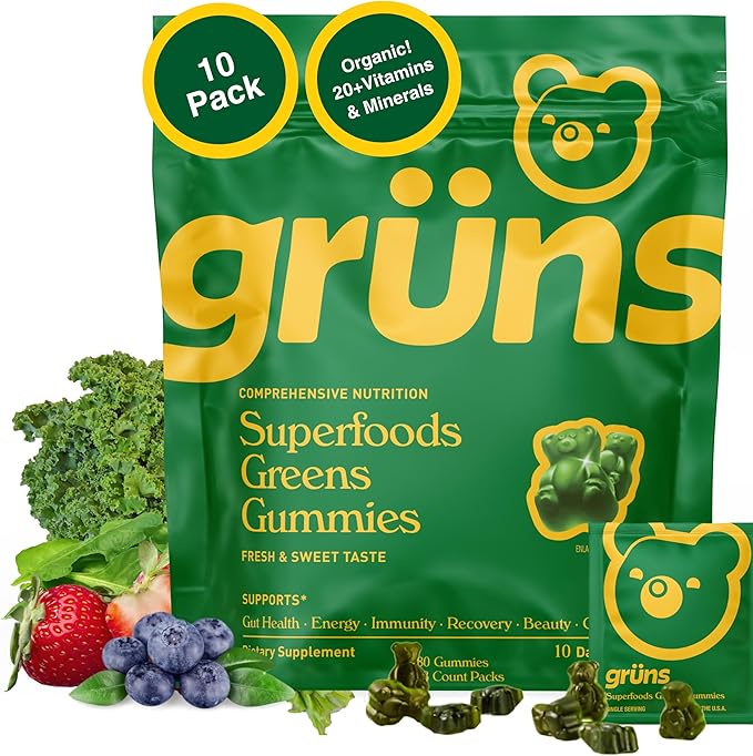 Gruns Adults Super Greens Gummies, Multivitamin Superfood Gummy Bears, Spirulina, Chlorella, Prebiotics & Fiber Gummies for Digestive Health, Adaptogens Supplement, 20 Vitamins & Minerals, 10 Count