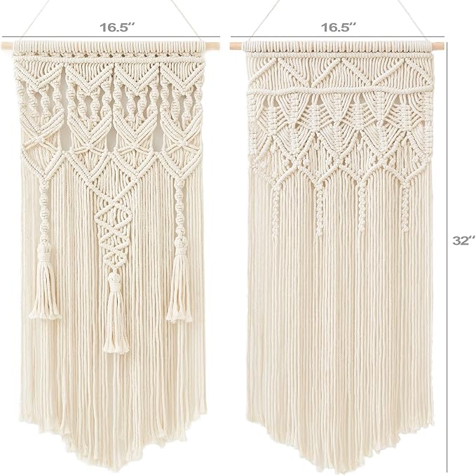 Mkono 2 Pcs Macrame Wall Hanging, Boho Woven Chic Tapestry Decor, Ivory | 32"L x 16.5"W, Bohemian Wall Decor, Hand-Woven Craft, Multi-Scene, Bedroom Nursery Living Room Apartment, Girls Adults Gift
