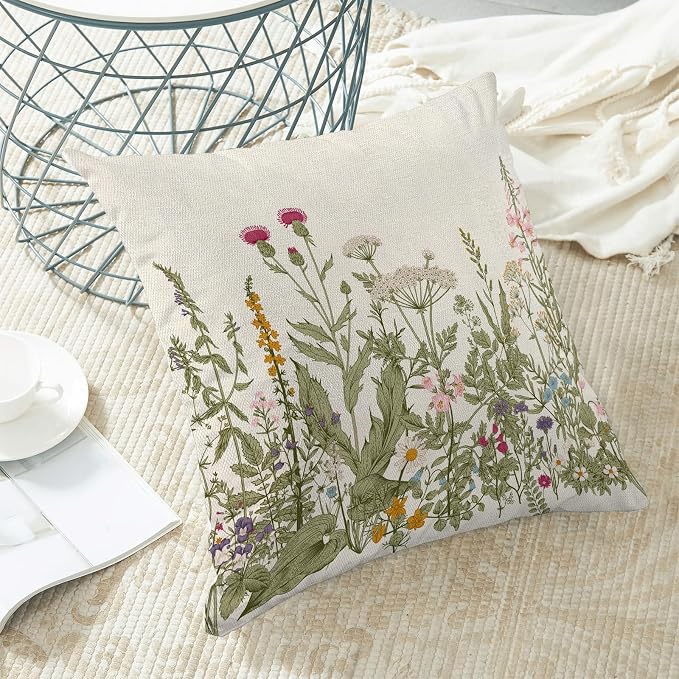 AEIOAE Sage Green Pillow Covers 18x18 Inch Set of 2, Spring Wildflower Plant Throw Pillows Case,Seasonal Floral Outdoor Decorative Flowers Farmhouse Decor Cushion Covers for Home Sofa Bed Couch