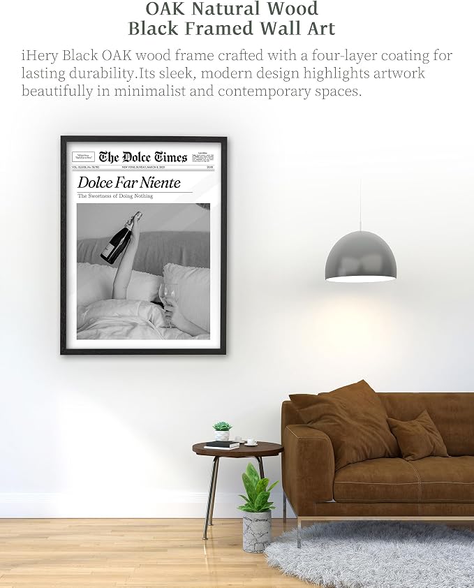 iHery 12x16in Dolce Far Niente Black Framed Newspaper Wall Art | Premium Black Natural OAK Wood Frame with Canvas Print, The Sweetness of Doing Nothing Decor for Bedroom, Living Room 1Pack