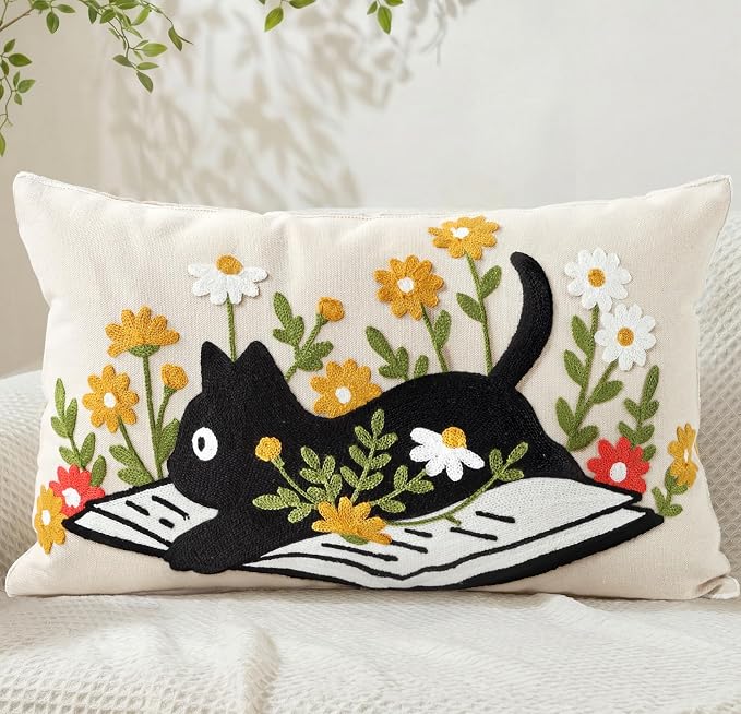Animal Embroidered Lumbar Pillow Cover 20x12 Inch, Cat Floral | Decorative Throw Pillow Cover, Farmhouse Cushion Cases with Hidden Zipper, Cottagecore Decor for Couch, Sofa, Bedroom
