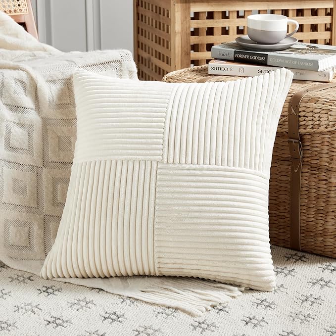 Fancy Homi Cream Lumbar Decorative Throw Pillow Covers 16x28 Inch for Living Room Couch Bed Sofa, Rustic Farmhouse Boho Home Decor, Soft Striped Corduroy Rectangle Accent Cushion Case 40x70 cm