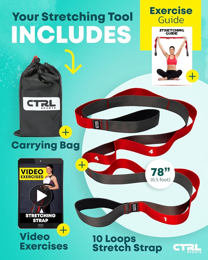 Stretching Strap with Loops - Non Elastic Stretch Band for Physical Therapy, Yoga Strap for Stretching Equipment, Stretch Bands for Exercise and Flexibility - Fascia, Hamstring & Leg Stretcher Belt