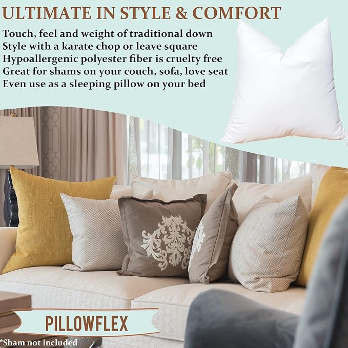 Pillowflex Synthetic Down Pillow Insert 18x18 in - Karate Chop Pillow | Small Square Sham Form, Plush Polyester Cotton Blend, Cloud-Like Comfort, Clump-Resistant Fill, Smooth Elegant Finish