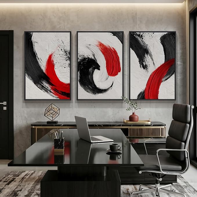 Large Framed Red Black White Abstract Wall Art for Living Room, 3 Piece Modern Canvas Prints Paintings Artwork for Walls, Red Black Minimalist Pictures for Bedroom Hallway Office Wall Decor 24x36 In