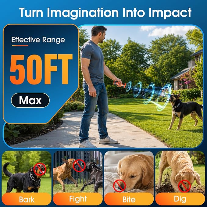 2026 New Dog Bark Deterrent Devices, 1-Touch Anti Barking Device for Dogs with 3 Sonic Heads, 50ft Range, Rechargeable & Safe Dog Training Tool with Flashlight, Helps Improve Behavior