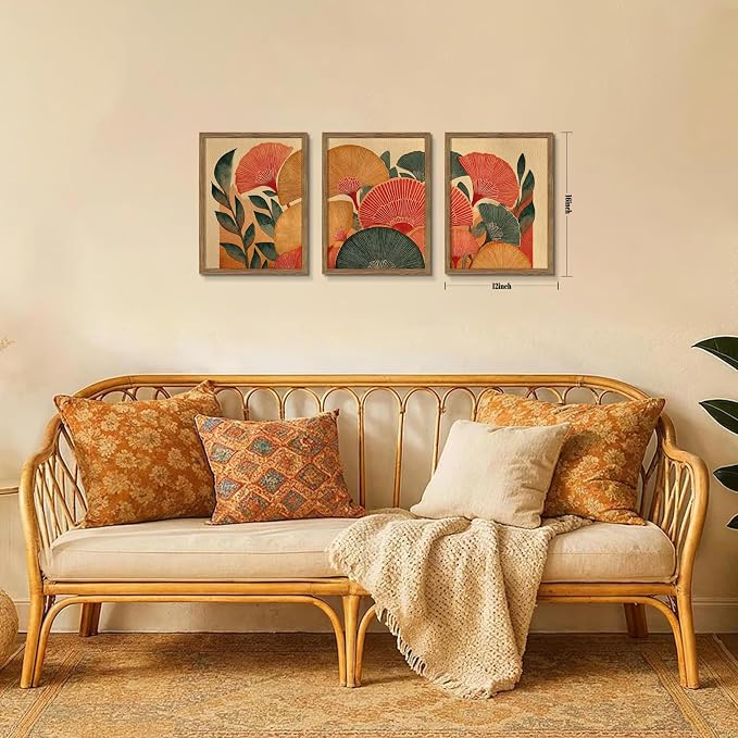 Framed Colorful Botanical Wall Art Set of 3, Vintage Ginkgo Leaves Canvas Wall Decor Paintings, Mid Century Abstract Flowers Posters Prints Pictures for Living Room Bedroom Bathroom 12x16 Inch