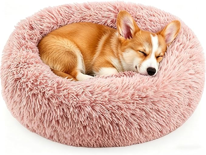 Calming Donut Dog and Cat Bed for Indoor Cats, Anti-Anxiety Round Fluffy Soft Washable Small Pet Bed for Puppy and Kitten, Warming Comfortable Luxury Anti-Slip Waterproof Mute Base 20in Pink