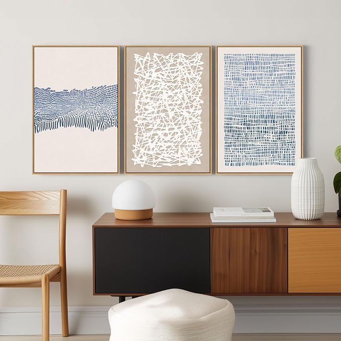 SAFERRYHOME Blue Neutral Contrast Abstract Boho Wall Art,3 Panels 16"x24" | Modern Abstract Framed Canvas Print Set, Mid Century Modern Minimalist Lines Geometric Pattern for Living Room,Bedroom,Office