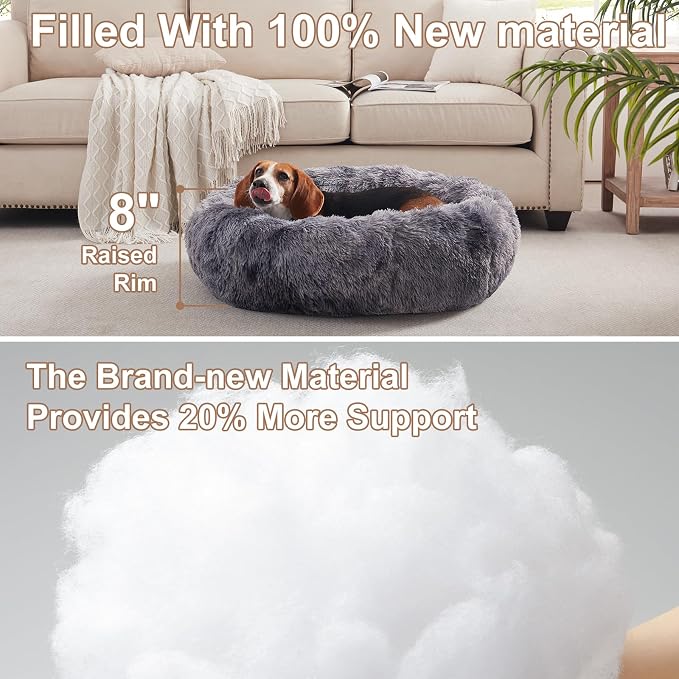 33 in Faux Fur Donut Dog Bed for Medium Plus Dogs,Tie-dye Grey | Calming Plush Round Fluffy Pet Bed with Removable & Washable Cover,Fits up to 65 lbs Pets