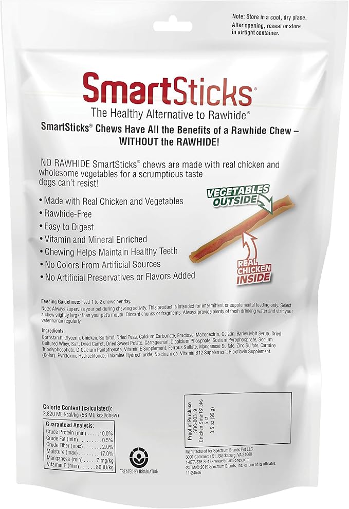 SmartBones SmartSticks Rawhide-Free Dog Treats, Chicken, 5 Count | With With Real Chicken & Veggies, Easy To Digest Chew, No Artificial Preservatives or Flavors, For Adult Dogs