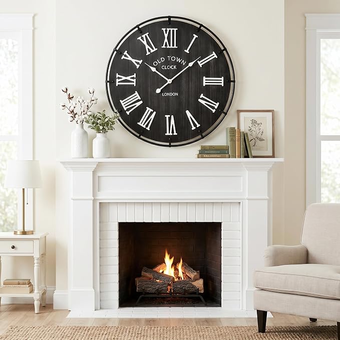 EMAX HOME Inch Large Black Wall Clock, Rustic Distressed Wooden Dial with 3D White Roman Numerals, Silent Sweep Movement, High Contrast Farmhouse Decor for Bedroom, Kitchen, or Dining Room.