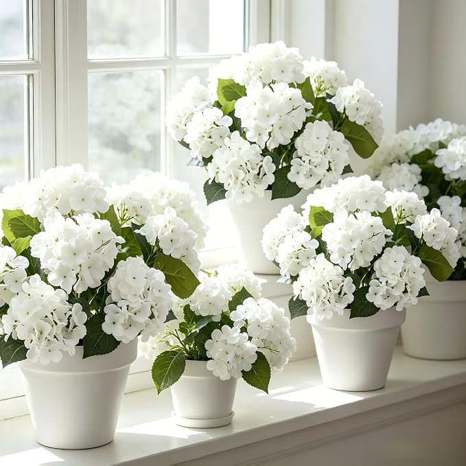 4 Pcs Hydrangea Artificial Flowers Outdoor Silk Bouquets, White UV Resistant Faux Hydrangeas Flowers for Table Vase Centerpieces Outside Party Wedding Porch Patio Planter Home Indoor Outdoor Decor