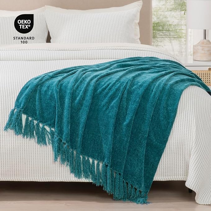 RECYCO Chenille Throw Blanket for Couch, 50"x60", Teal | Super Soft Knit Throw Blanket with Fringe Tassels, Lightweight Knitted Throw, Cozy, Ideal for Sofa Chair Bed Living Room Gift