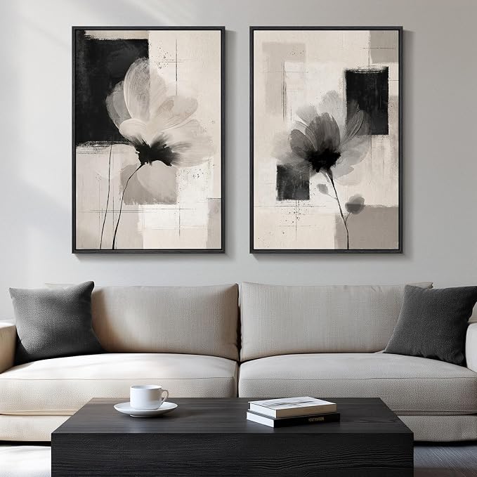 Large Framed Neutral Abstract Floral Wall Art for Living Room, 24x36 In | 2 Piece, Canvas prints, Black and beige pictures, Flower paintings, Modern minimalist artwork, Dining room bedroom wall decor
