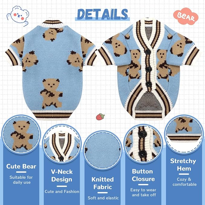 ABRRLO Small Dog Sweaters Cute Bear Dog Cardigans Clothes for Small Medium Dogs Boy Girl Puppy Cat Knitting Cardigan Outfits Dogs Winter Coats Warm Pet Doggy Clothes Soft Knitwear Apparel (Blue,L)