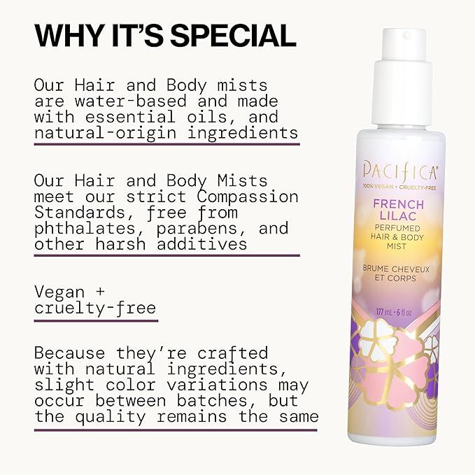 Pacifica French Lilac Hair & Body Mist – Clean Vegan Floral Hair Perfume Spray for Women, Fresh-Cut Lilac, Magnolia & Heliotrope Notes, Alcohol-Free Head-to-Toe Fragrance, Cruelty-Free, 6 Fl Oz