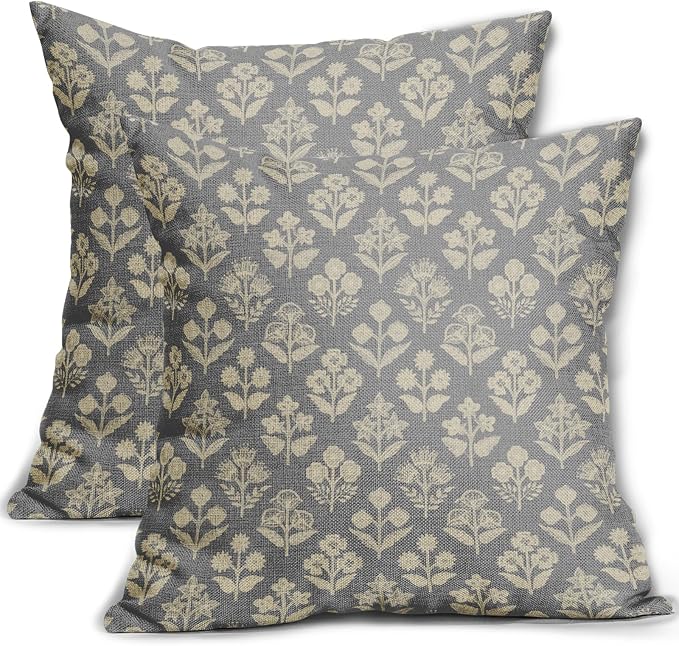Grey Gray Floral Block Print Pillow Covers 20x20 Inch Set of 2, Vintage Flower Pattern Decorative Throw Pillowcases Outdoor Farmhouse Cushion Covers Spring Summer Rustic Sofa Couch Bed Decor