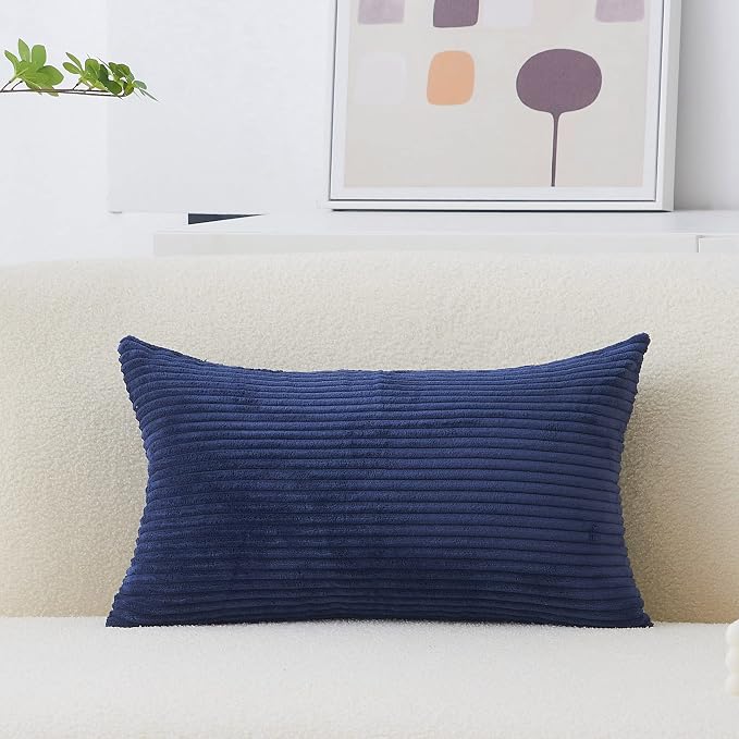 Home Brilliant Decorative Pillow Cover 12x20 Plush Striped Velvet Corduroy Oblong Rectangular Accent Cushion Cover, 12 x 20 inch, Navy Blue