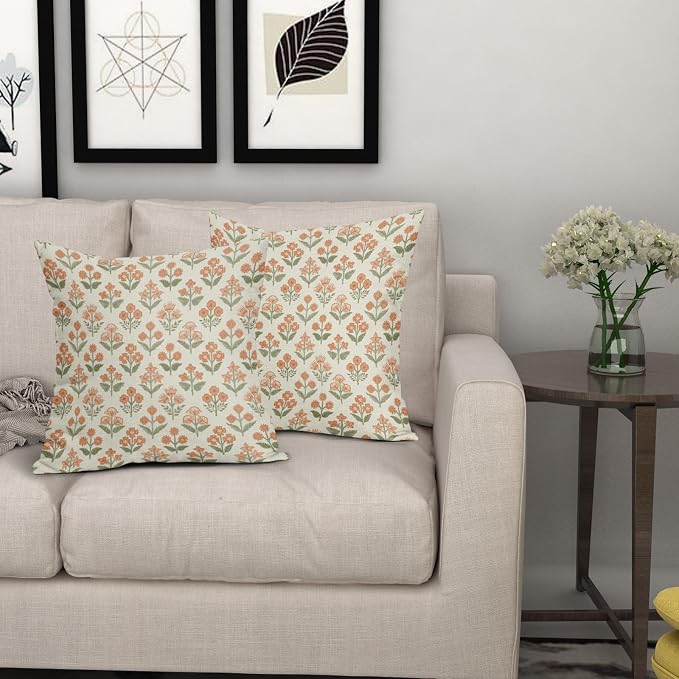 Orange Green Floral Block Print Pillow Covers 20x20 Inch Set of 2, Vintage Flower Pattern Decorative Throw Pillowcases Outdoor Farmhouse Cushion Covers Spring Summer Rustic Sofa Couch Bed Decor