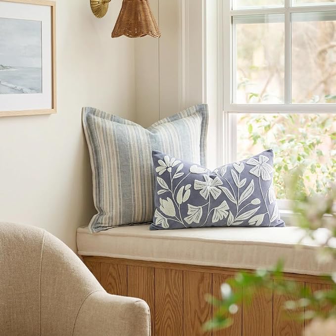Decorative Lumbar Pillow Cover 12x20, Coastal Dusty Blue Accent Velvet Throw Pillowcase for Couch Sofa Living Room, Floral Tufted Rectangular Cushion, Cover Only