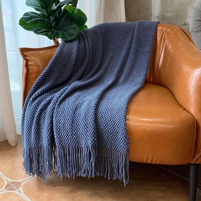 LOMAO Knitted Throw Blanket with Tassels Bubble Textured Lightweight Soft Throws for Couch Cover Home Decor (Navy, 60x90)