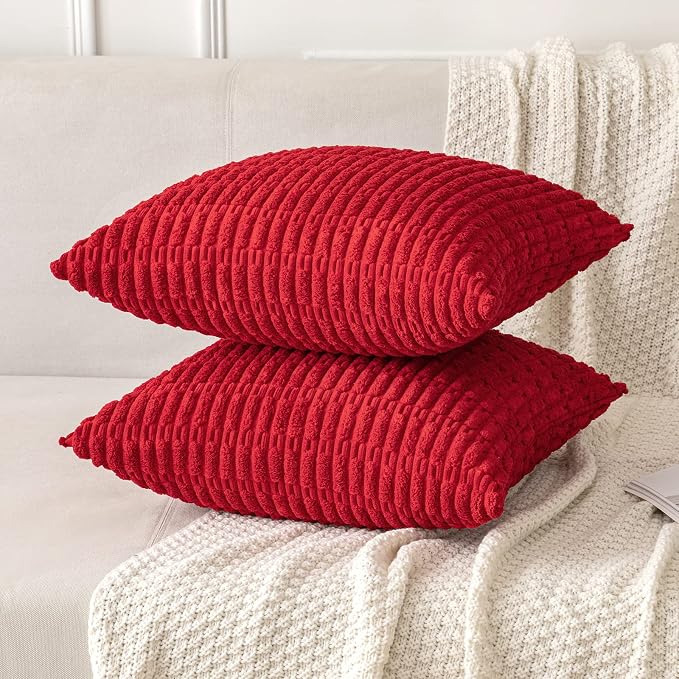 MIULEE Corduroy Decorative Throw Pillow Covers 20x20 Red Pack of 2 | Soft Boho Striped Pillow Covers Modern Farmhouse Home Decor For Sofa Living Room Couch Bed