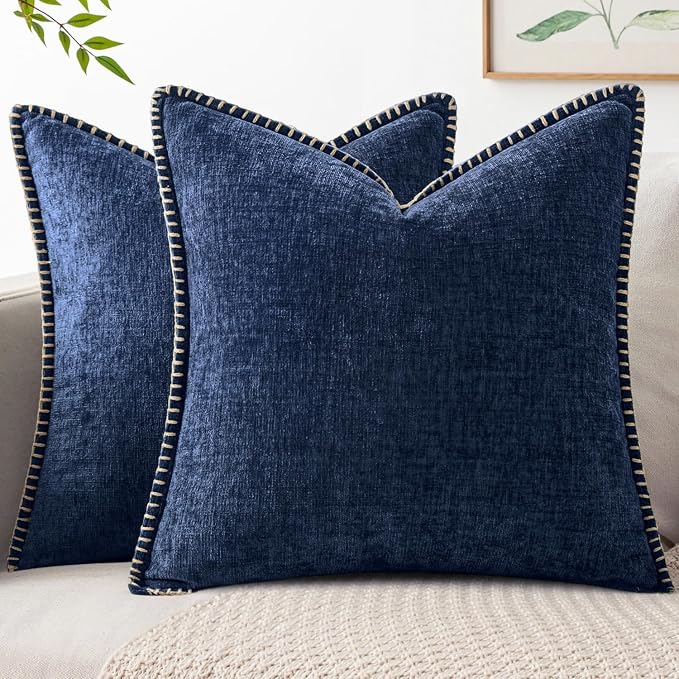 MIULEE Decorative Couch Throw Pillow Covers 18x18 Inch Navy 2 Pack | Farmhouse Pillow Covers with Stitched Edge, Soft Chenille Cushion Cases, for Sofa Bed Living Room Home Decor