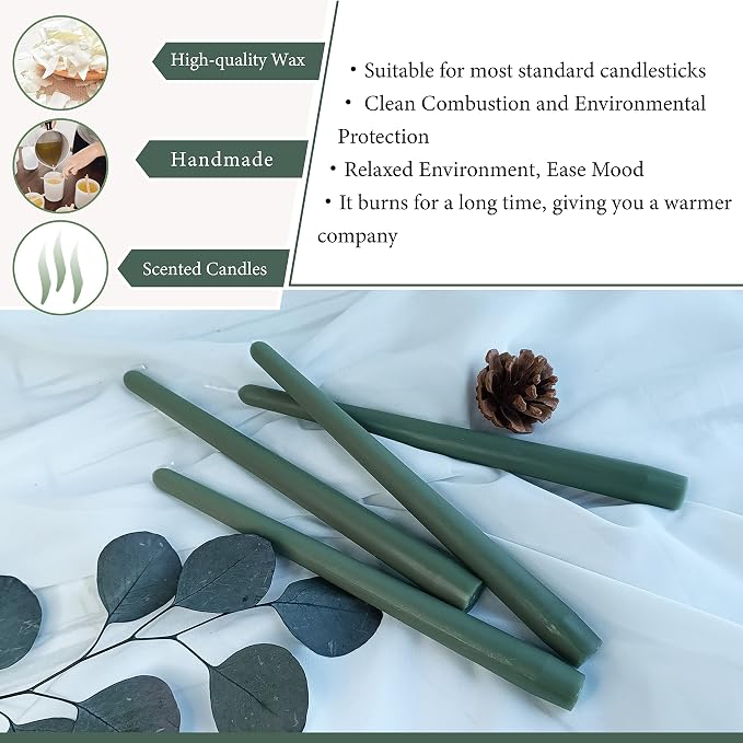 Green Taper Candle 10 inch - Set of 4 Tapered Candles Ideal as Dinner Candles - Cedar Scented Taper Candles Smokeless Long Burning Tall Candlesticks
