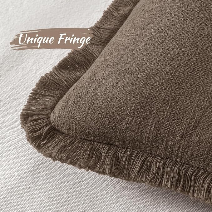 MIULEE Linen Fringe Decorative Fall Pillow Covers Chocolate Brown 18x18 | Set of 2, Cottagecore Decor, Boho Farmhouse Neutral Pillow Covers, Rustic Fall Couch Cushion Cases for Sofa Bed Living Room