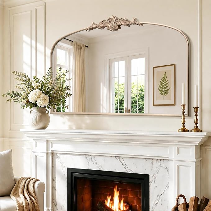 Besdomus Antique Arch Gold Mirror: 55"x36" Extra Large Champagne Decorative | Vintage Baroque Ornate Metal Framed Mirror for Home Renovation Decor - Ideal for Double Vanity/Entryway/Fireplace/Living Room