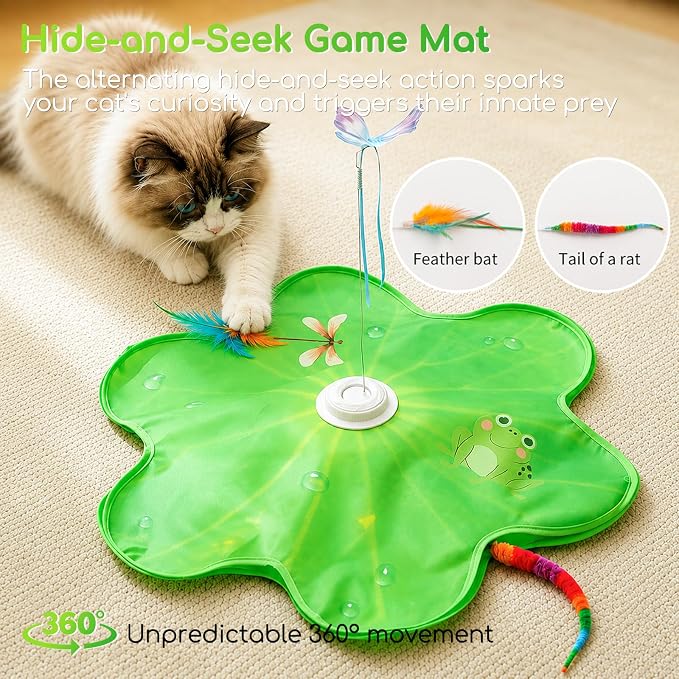 Interactive Cat Toys, Rechargeable with Auto Play and Bird Chirps | 3-in-1 hide and seek mat with fluttering butterfly, moving feather and plush tail, Perfect for indoor adult cats and kittens