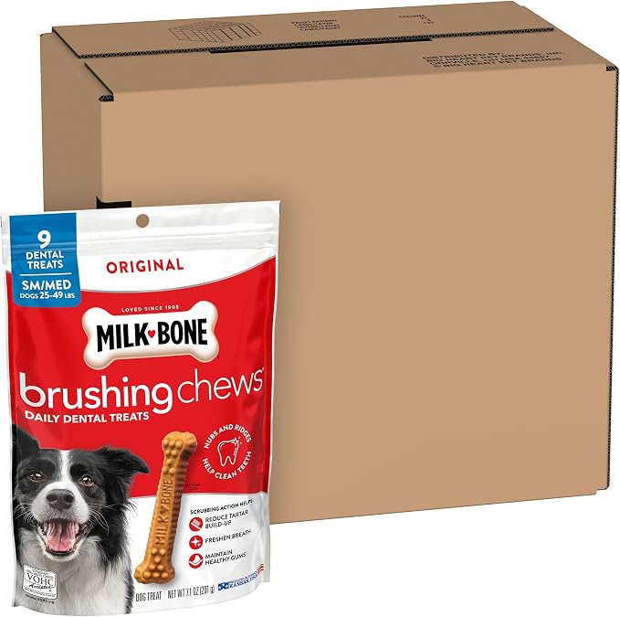 Milk-Bone Brushing Chews, Small/Medium, Original Flavor, 45 Dental Treats | 5 (9-count) bags, Daily dental dog treats, For dogs 25-49 lbs., Original chicken flavor
