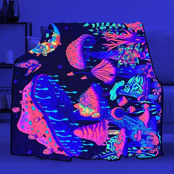 Blacklight Mushroom Throw Blankets Glow in the Dark Black Light Plant Throw Fantasy UV Reactive Mushroom Butterfly Moon Blanket Cute Throw for Bedroom Dorm Decor 59”x51”
