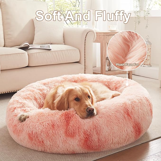 36 in Faux Fur Fluffy Donut Dog Bed for Large Dogs,Tie-dye Pink | Calming Plush Round Pet Bed with Removable & Washable Cover,Fits up to 80 lbs Pets