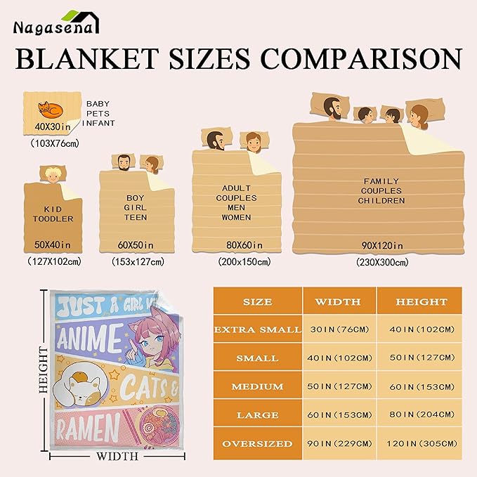 Just A Girl Anime Blanket Gifts for Girls - Kawaii Decor, Cats & Ramen Flannel Blanket, Luxurious & Cozy, 60x80 Inch