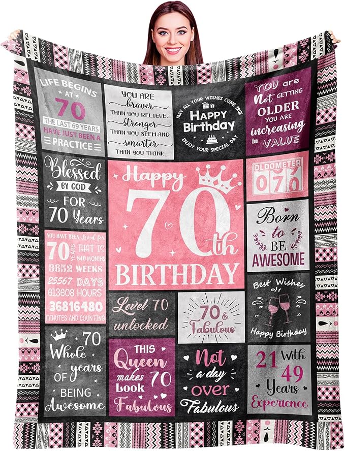 Ivivis 70th Birthday Gifts for Women, Happy 70th Birthday Decorations, 1956 Birthday Gifts for 70 Year Old Woman, Soft Flannel Pink Throw Blanket 60”X50”