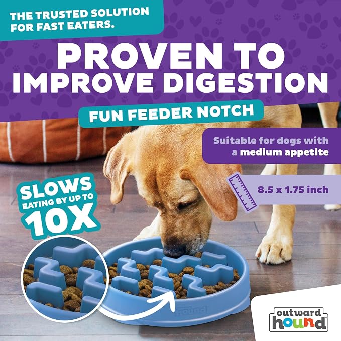 Outward Hound Fun Feeder Slo Bowl – 2‑Cup Capacity, Slow Feeding, Small to Medium Dogs & Cats, Non-Slip, Blue, Notch Pattern, Medium (Pack of 12)