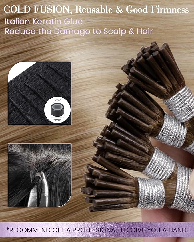 LaaVoo Itip Human Hair Extensions Balayage Blonde Itip Hair Extensions Real Human Hair Ombre Brown to Ash Blonde with Platinum Blonde I Tip Hair Extensions Cold Fusion 14inch 40g 80s