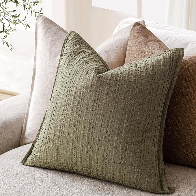 Foindtower Set of 2 Decorative Cotton Waffle Weave Throw Pillow Covers Euro Shams Cushion Covers Accent European Pillowcase for Bed Couch Sofa Bedroom Living Room Home Decor 18×18 Inch Olive Green