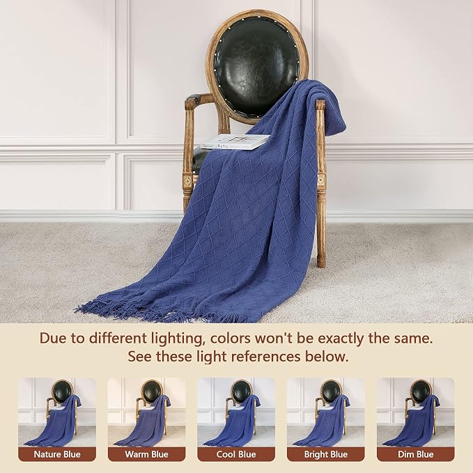 inhand Navy Blue Knitted Throw Blanket for Couch and Bed, 50"x60" | Soft Living Room Home Decor Knitted Blanket, Tassel, Outdoor Lightweight Breathable Summer, Farmhouse Warm Woven Decorative