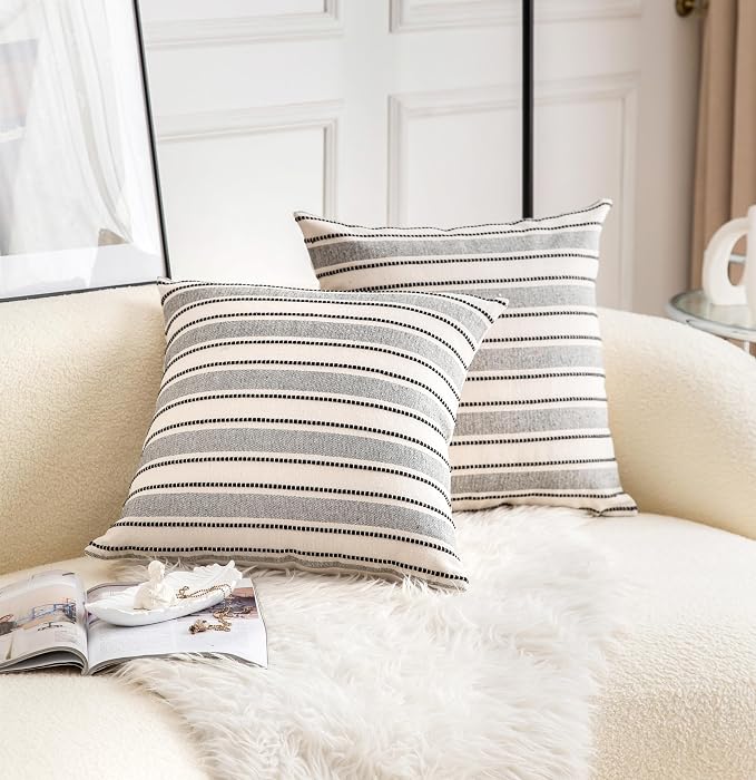 Cethom Decorative Boho Throw Pillow Covers, Farmhouse Textured Pillow Case, 22 x 22 Inch Set of 2, Chair Sofa Bedroom Living Room Home Decor Couch Cushion Case, Black and Beige Striped