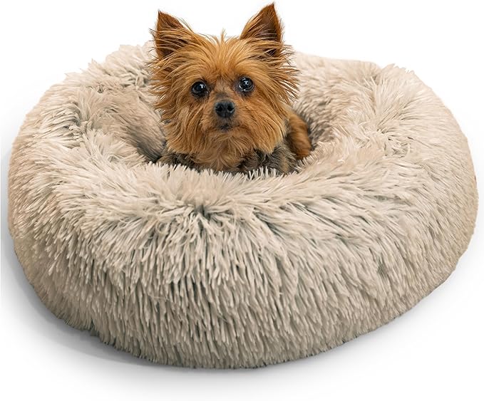 Best Friends by Sheri The Original Calming Donut Dog Bed for Extra-Small Dogs up to 10 lbs, Shag Faux Fur, Taupe, 18" x 18"
