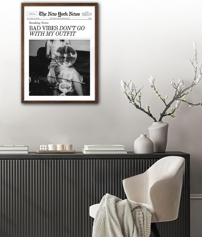 EcoHest 12x16 in Bad Vibes Don't Go With My Outfit Framed Wall Art | Walnut Color Solid Oak Frame, Canvas Wall Art, Disco Fashion Newspaper Wall Decor for Bedroom, Apartment, Dorm, College,1Pack