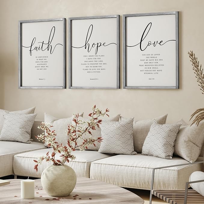 Houmury Set of 3 Framed Farmhouse Bible Verses Wall Decor Sign 11”x14” Christian Faith Scripture Wall Art for Home Bedroom Wall Decor (11"x14" Grey)